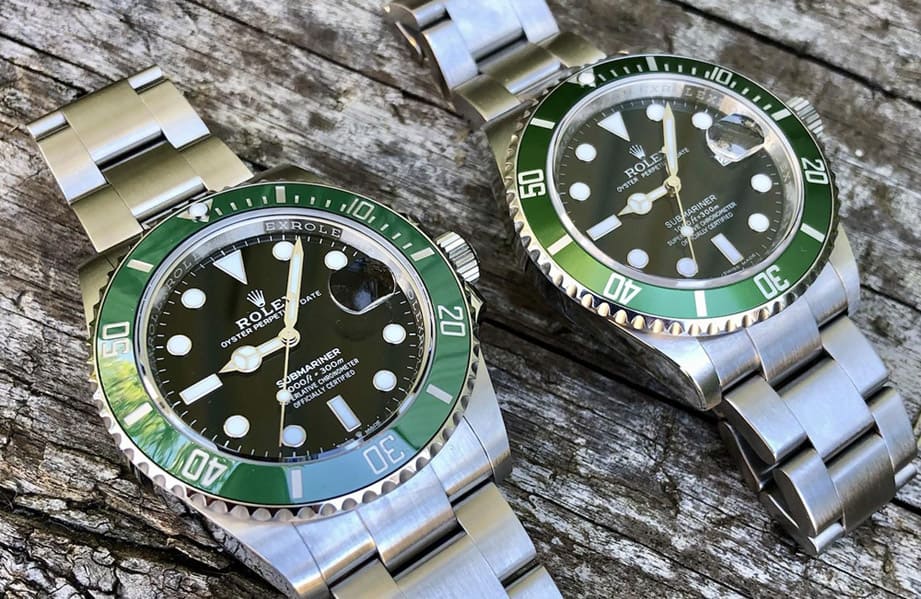Detail of the Rolex superclone watches showing the green dial