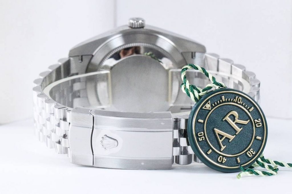 Close-up of the stainless steel bracelet of the Super Clone Rolex watch.